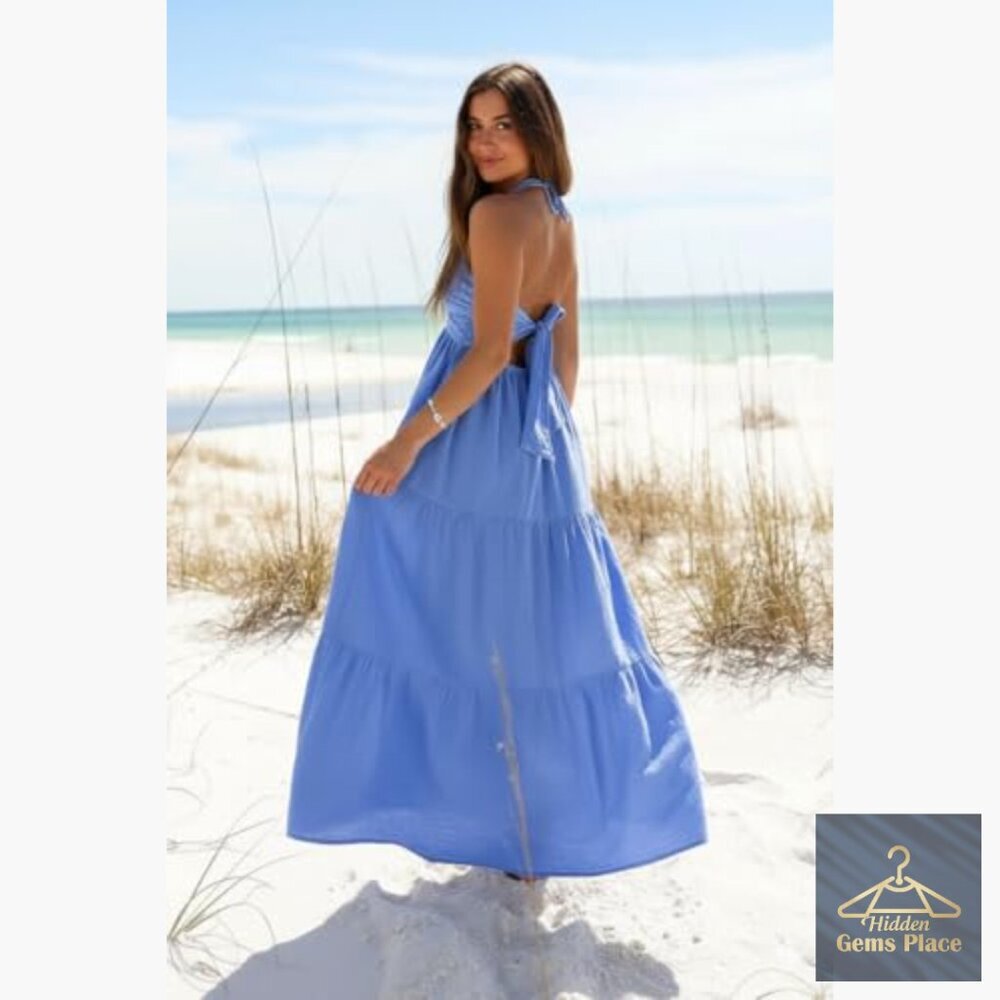 Cotton Maxi Dress with Pockets, Halter Neck, Backless, High Waist - Picture 3 of 5